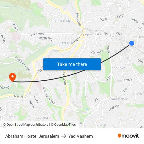 Abraham Hostel Jerusalem to Yad Vashem map