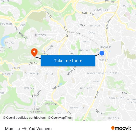 Mamilla to Yad Vashem map