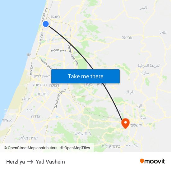 Herzliya to Yad Vashem map