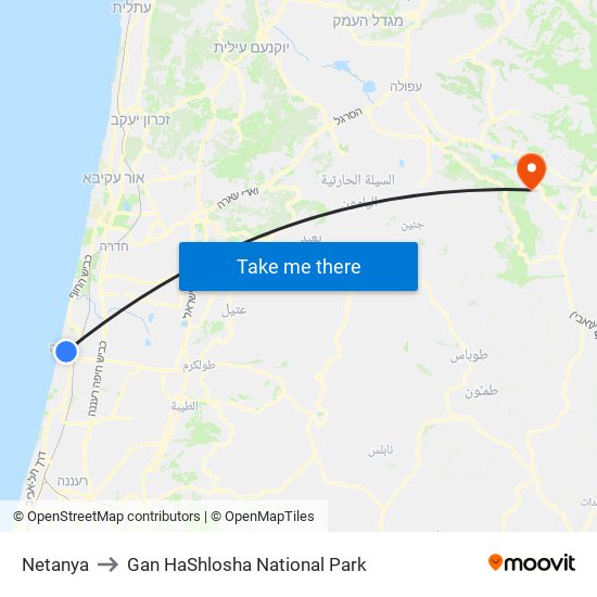 Netanya to Gan HaShlosha National Park map