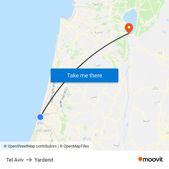 Tel Aviv to Yardenit map