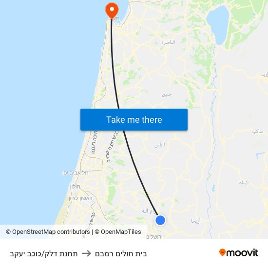 תחנת דלק/כוכב יעקב to בית חולים רמבם map