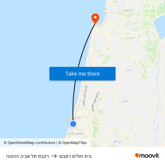 רכבת תל אביב ההגנה to בית חולים רמבם map