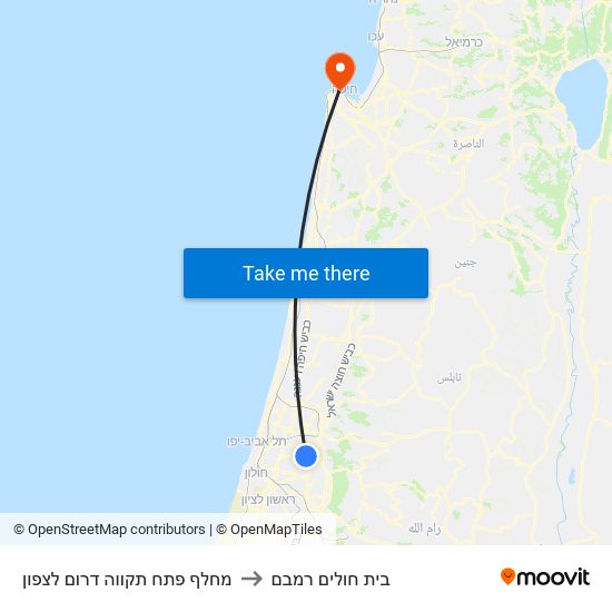 מחלף פתח תקווה דרום לצפון to בית חולים רמבם map