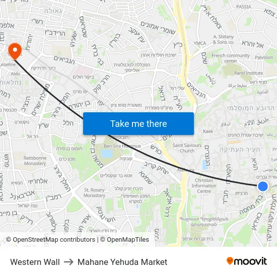 Western Wall to Mahane Yehuda Market map