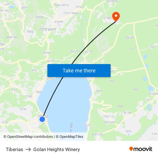 Tiberias to Golan Heights Winery map
