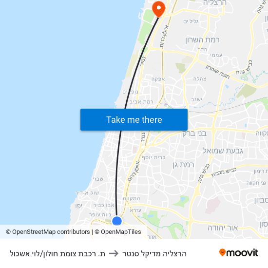 ת. רכבת צומת חולון/לוי אשכול to הרצליה מדיקל סנטר map