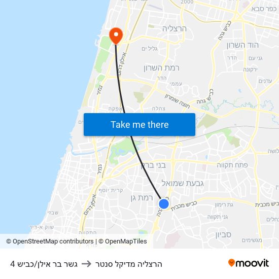 גשר בר אילן/כביש 4 to הרצליה מדיקל סנטר map