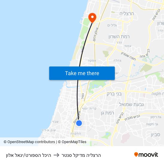 היכל הספורט/יגאל אלון to הרצליה מדיקל סנטר map