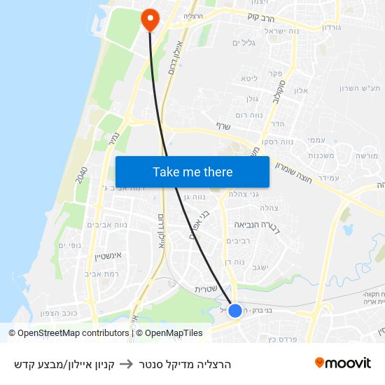 קניון איילון/מבצע קדש to הרצליה מדיקל סנטר map