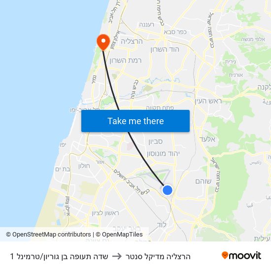 שדה תעופה בן גוריון/טרמינל 1 to הרצליה מדיקל סנטר map