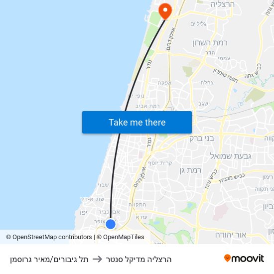 תל גיבורים/מאיר גרוסמן to הרצליה מדיקל סנטר map