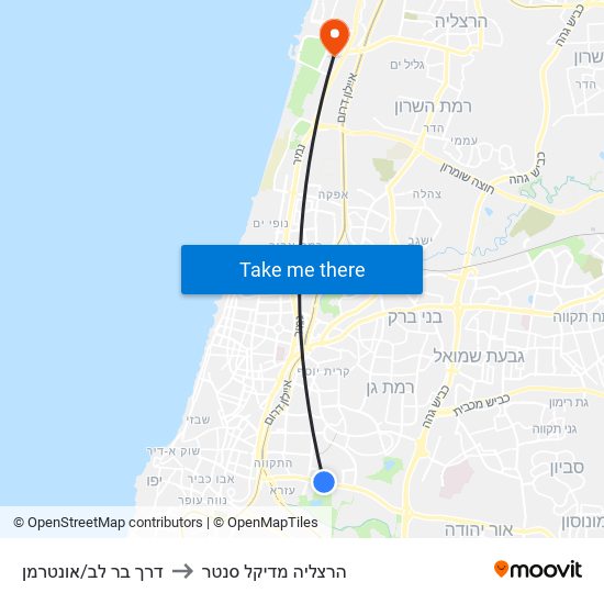 דרך בר לב/אונטרמן to הרצליה מדיקל סנטר map