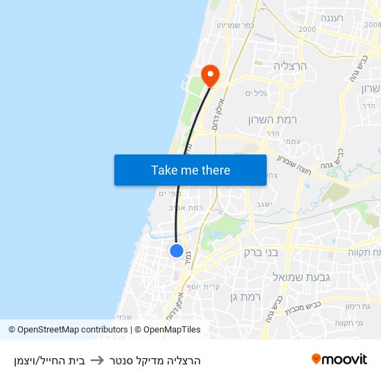 בית החייל/ויצמן to הרצליה מדיקל סנטר map