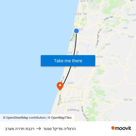 רכבת חדרה מערב to הרצליה מדיקל סנטר map