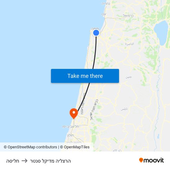 חליסה to הרצליה מדיקל סנטר map