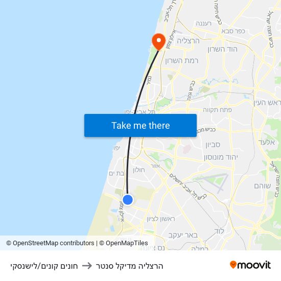 חונים קונים/לישנסקי to הרצליה מדיקל סנטר map