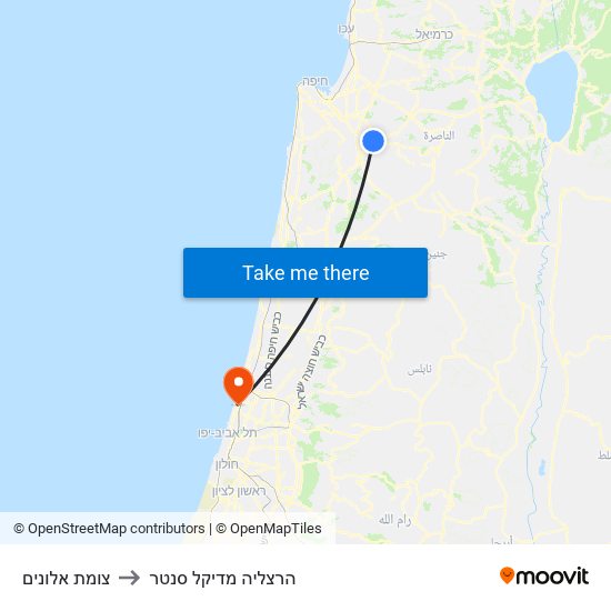 צומת אלונים to הרצליה מדיקל סנטר map