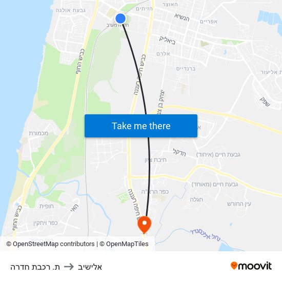 ת. רכבת חדרה to אלישיב map