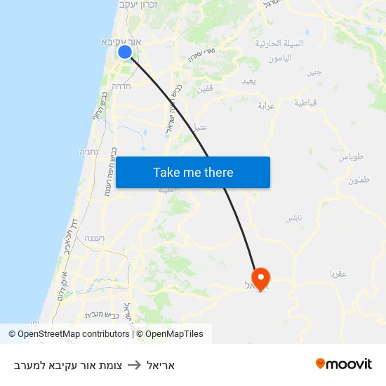 צומת אור עקיבא למערב to אריאל map