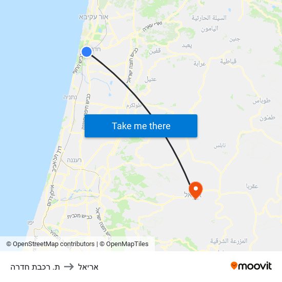 ת. רכבת חדרה to אריאל map