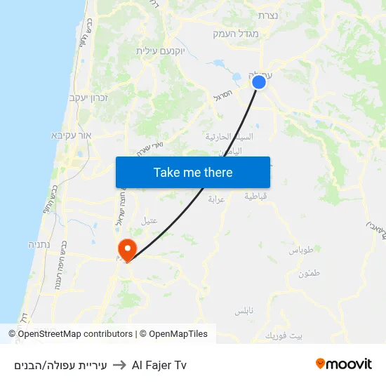 Afula City Hall/HaBanim to Al Fajer TV map