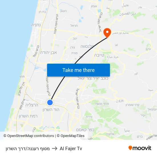 Raanana Terminal/HaSharon Road to Al Fajer TV map