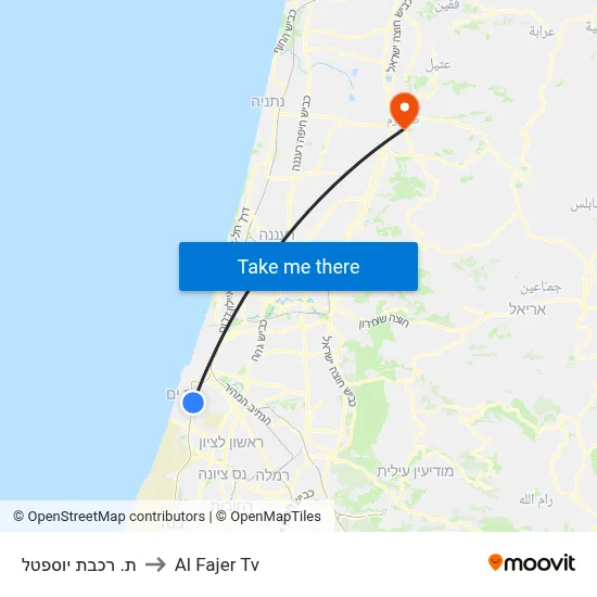 Yoseftal Train Station to Al Fajer TV map