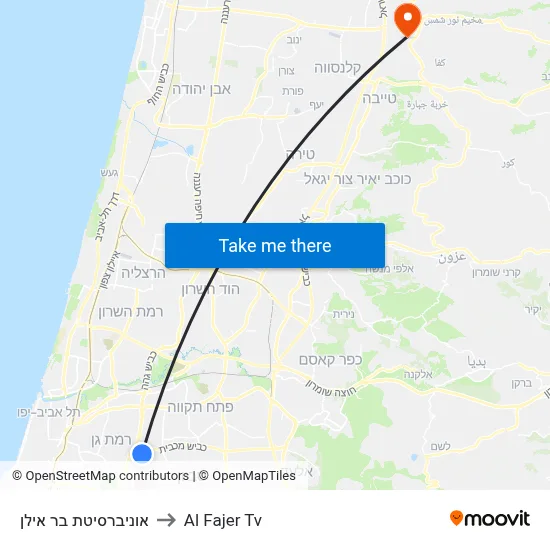 Bar Ilan University to Al Fajer TV map