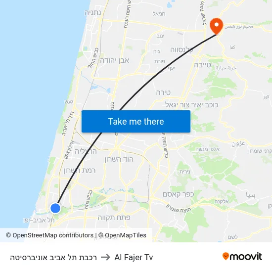 Tel Aviv University Train Station to Al Fajer TV map
