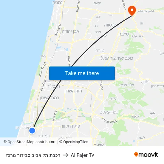 Tel Aviv Savidor Central Station to Al Fajer TV map