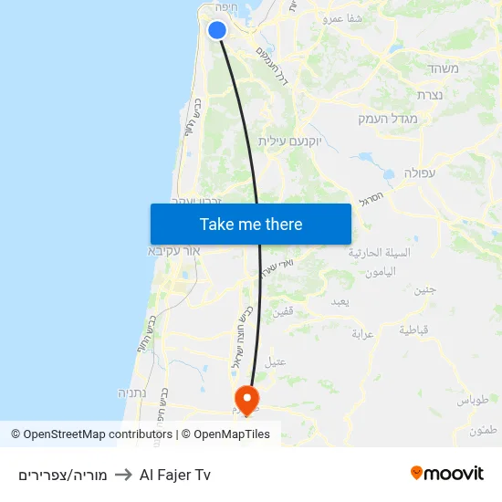 Moriah/Tzafririm to Al Fajer TV map