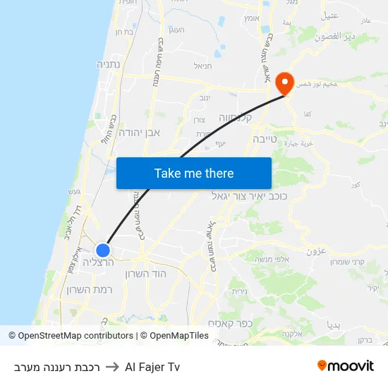 Raanana West Station to Al Fajer TV map