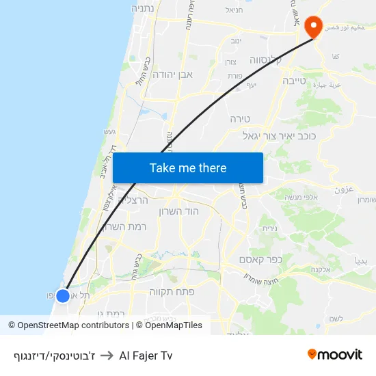 Jabotinsky/Dizengoff to Al Fajer TV map