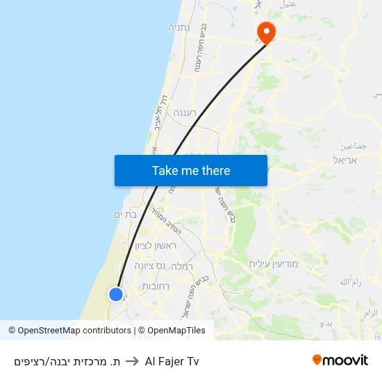 Yavne Central Station/Platforms to Al Fajer TV map