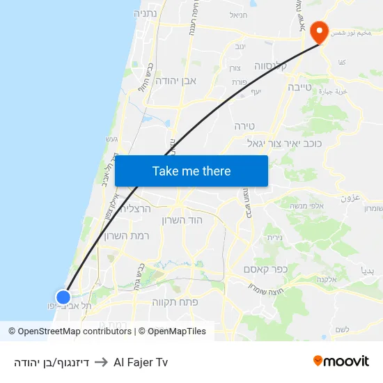 Dizengoff/Ben Yehuda to Al Fajer TV map