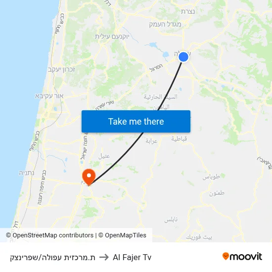 Afula Central Station/Sprinzak to Al Fajer TV map