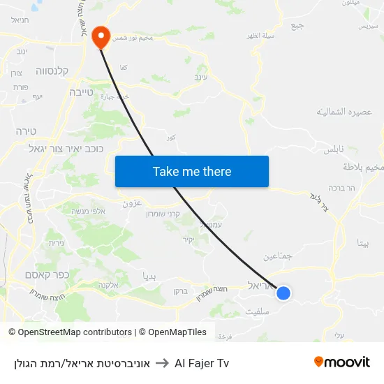 Ariel University/Ramat HaGolan to Al Fajer TV map