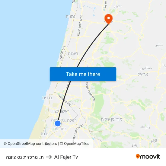 Nes Tziona Central Station to Al Fajer TV map