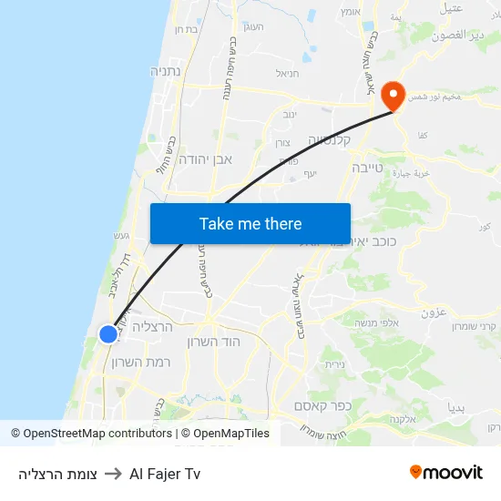 Herzliya Junction to Al Fajer TV map