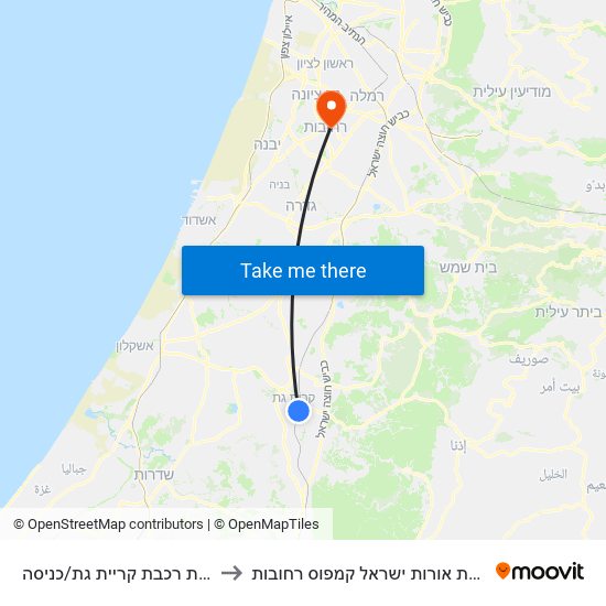 תחנת רכבת קריית גת/כניסה to מכללת אורות ישראל קמפוס רחובות map
