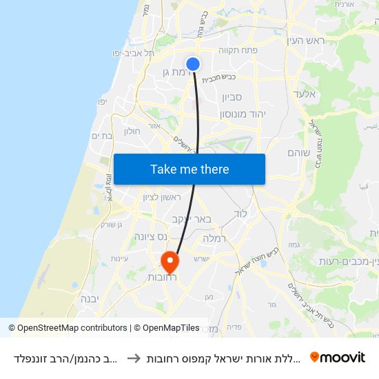 הרב כהנמן/הרב זוננפלד to מכללת אורות ישראל קמפוס רחובות map