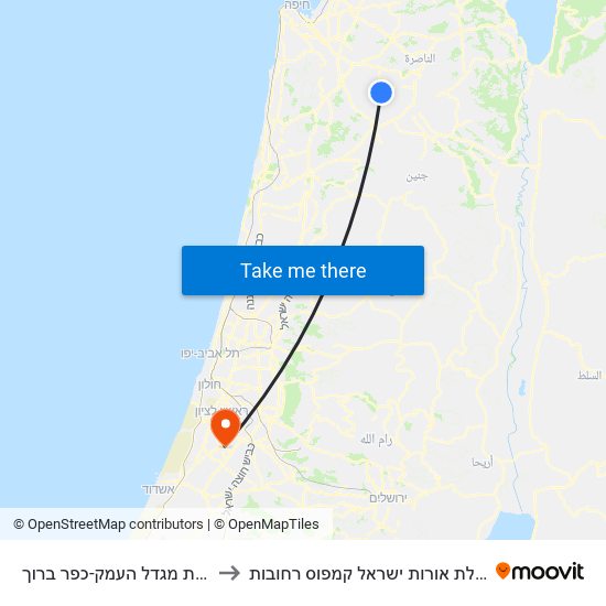 רכבת מגדל העמק-כפר ברוך to מכללת אורות ישראל קמפוס רחובות map