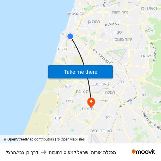 דרך בן צבי/הרצל to מכללת אורות ישראל קמפוס רחובות map