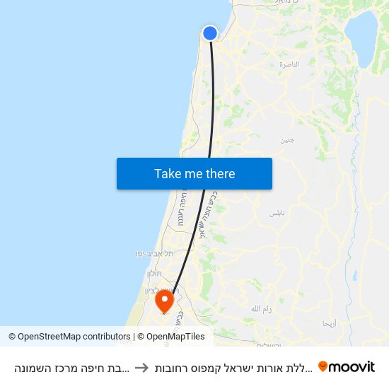 רכבת חיפה מרכז השמונה to מכללת אורות ישראל קמפוס רחובות map