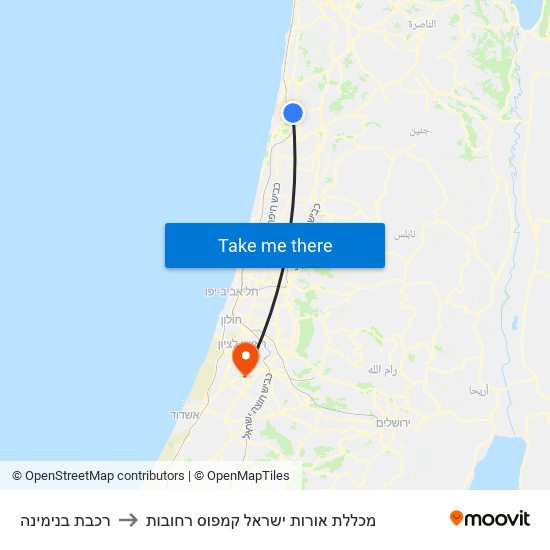 רכבת בנימינה to מכללת אורות ישראל קמפוס רחובות map