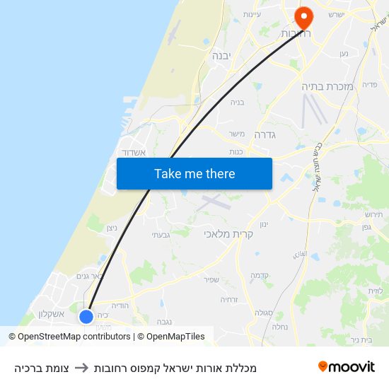 צומת ברכיה to מכללת אורות ישראל קמפוס רחובות map