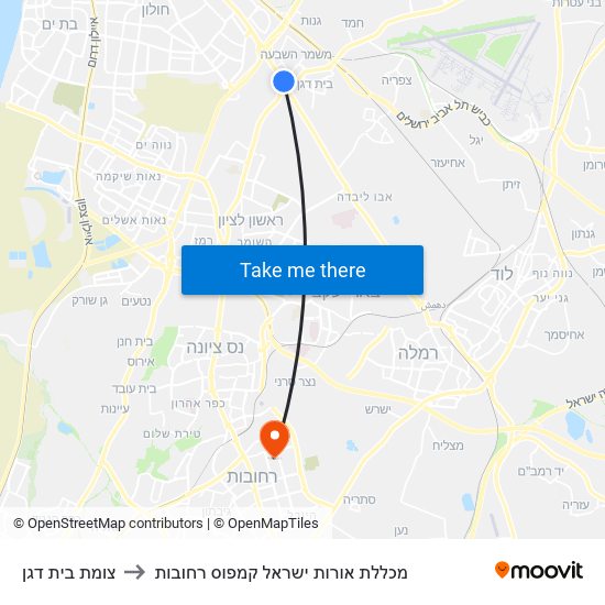 צומת בית דגן to מכללת אורות ישראל קמפוס רחובות map