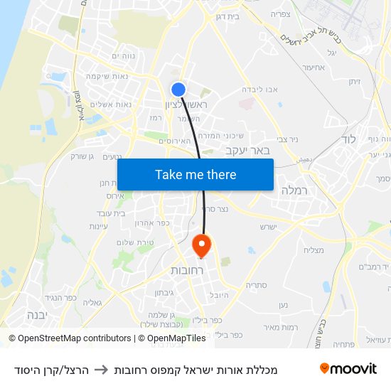 הרצל/קרן היסוד to מכללת אורות ישראל קמפוס רחובות map