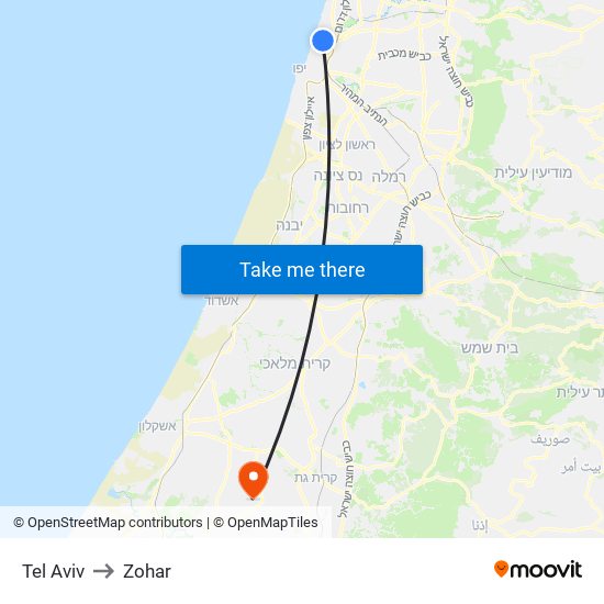 Tel Aviv to Zohar map